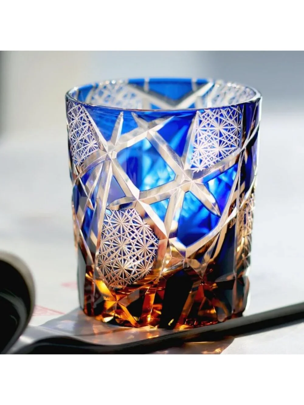 Elegant Cobalt Blue Crystal Old Fashioned Glasses - 9oz Whiskey & Cocktail Set